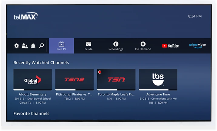 The DSN Basics N Beyond TV interface showing a sleek dark blue menu displaying "Recently Watched Channels" including Global TV, TSN2, TSN, and TBS. The navigation bar features options for Live TV, Guide, Recordings, On Demand, YouTube, and Prime Video. This modern streaming platform combines traditional channels with on-demand content, leveraging high-speed internet service to deliver crystal-clear picture quality. The clean, user-friendly interface demonstrates how pure Fibre Internet plans enhance the home entertainment experience, providing seamless access to favourite programs and sporting events through reliable WiFi service.